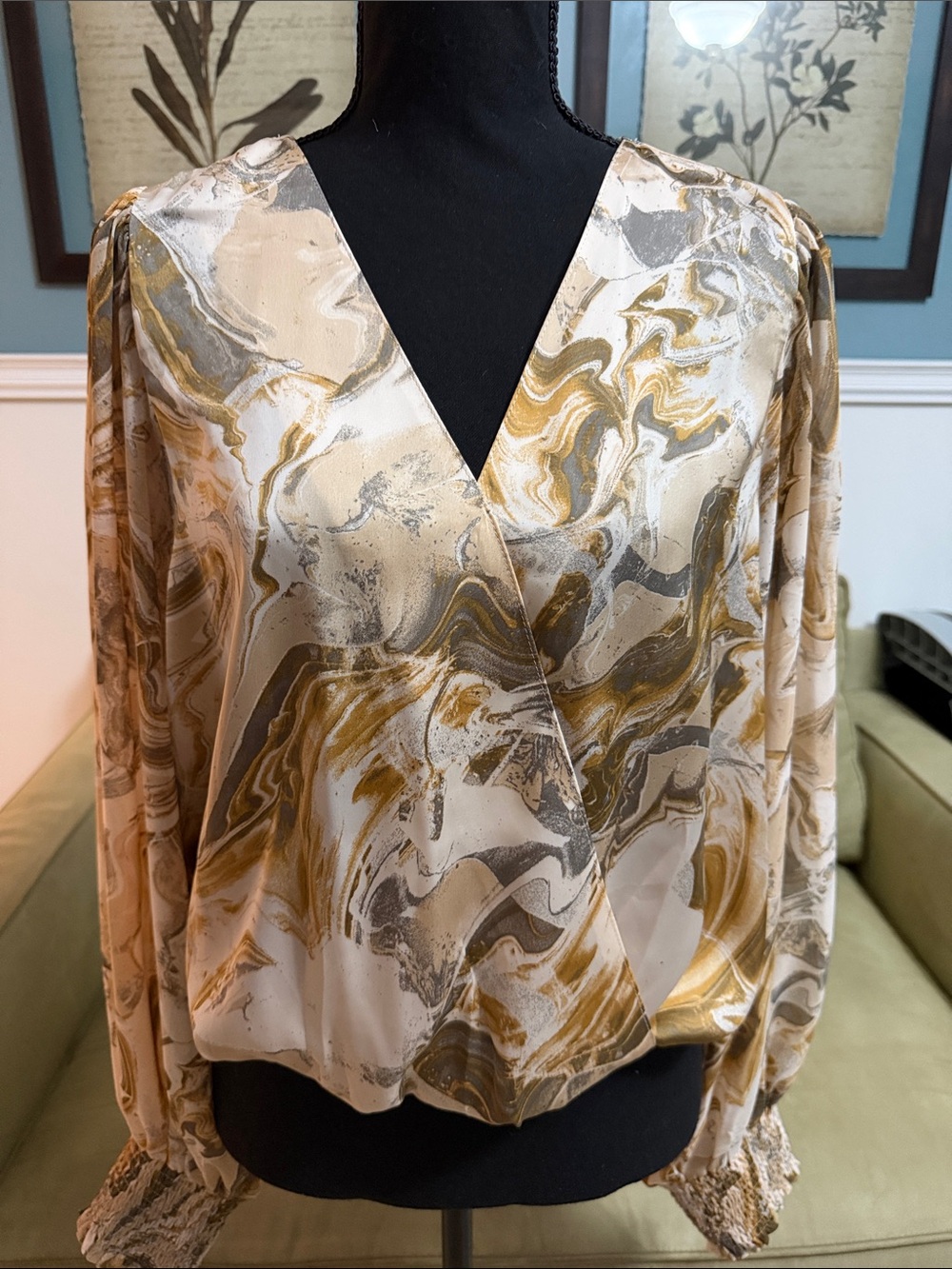 mittoshop Marble-Print Faux-Wrap Blouse in Cream, Gold & Gray